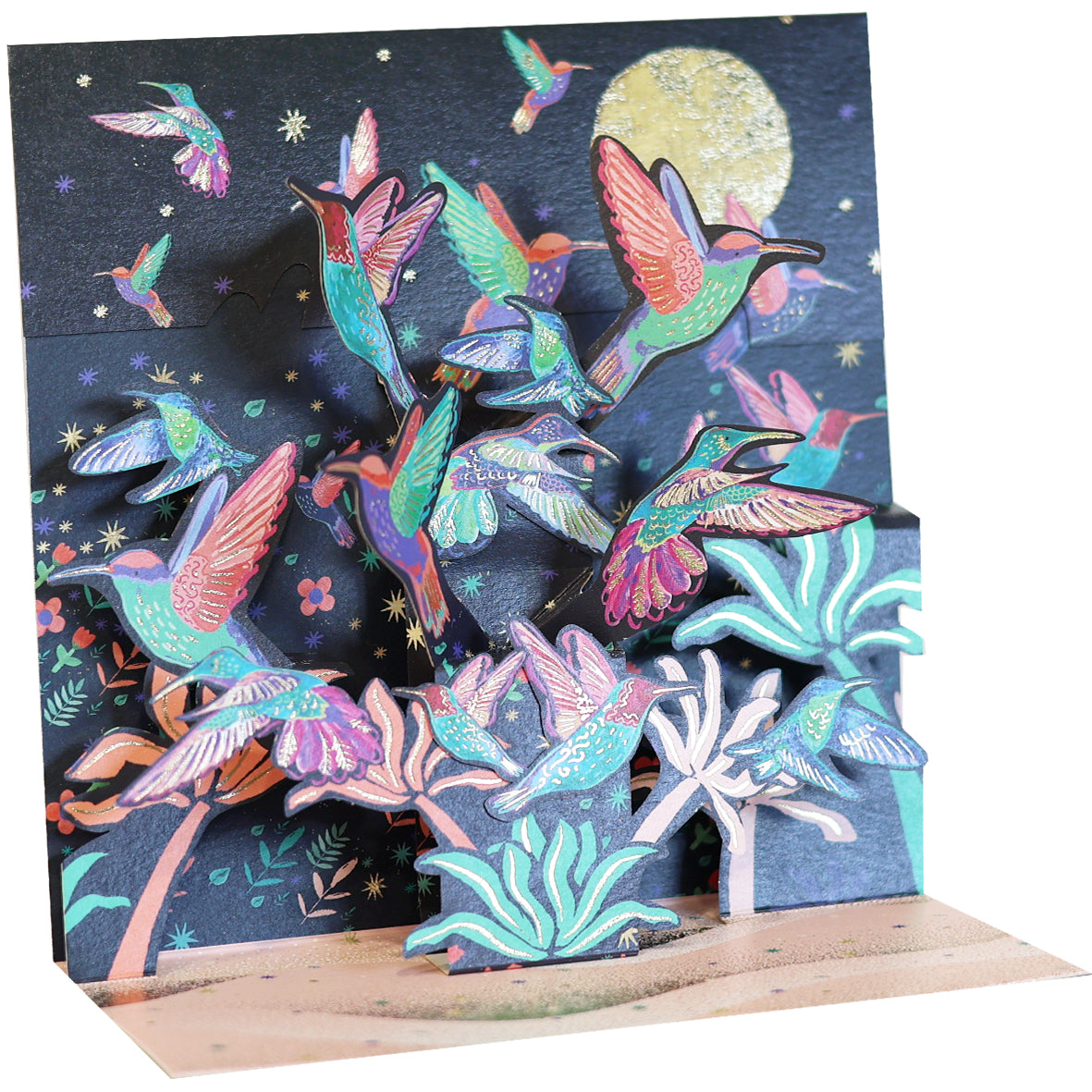 Large pop-up card featuring colorful hummingbirds in flight, from Pictura's Flight Of Hummingbirds collection.